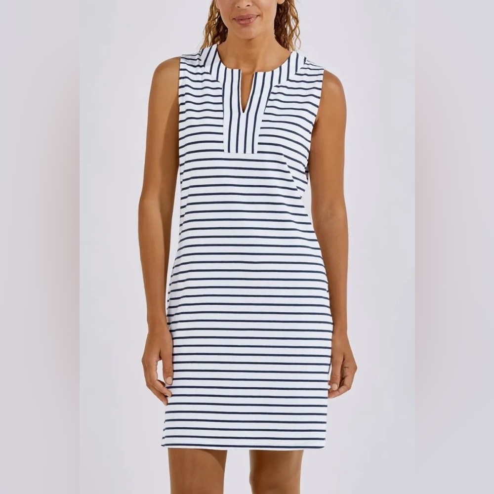 NWT. Coolibar Women's Oceanside Tank Dress UPF 50+. Deep navy and white stripe.